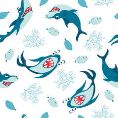 Fototapeta premium Seamless pattern with Sharks in cartoon style. Comic sharks emotions. Background with funny sea colors for children's room design, clothing, textiles, Wallpaper, digital paper. Vector illustration