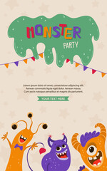 Cute kids poster with monsters in cartoon style. Party invitation template with funny characters. Greeting card for a holiday, birthday. Vector illustration