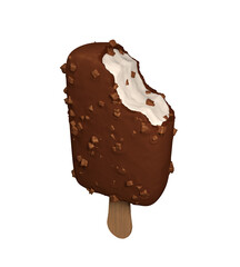 Bitten Ice cream in chocolate with chocolate chips on a stick isolated on white. 3 D illustration.
