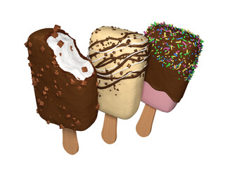 Three different ice creams in chocolate on a stick isolated on a white background. 3 d illustration.