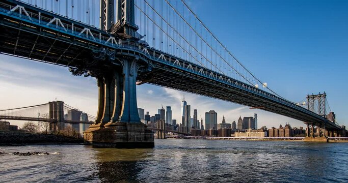 Daylight Timelapse Manhattan Bridge Over Lower Manhattan Skyline at East River Side View From Dumbo Brooklyn