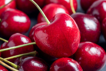 close-up of bright juicy fresh cherries. Delicious and healthy berries, healthy food, vegetarianism