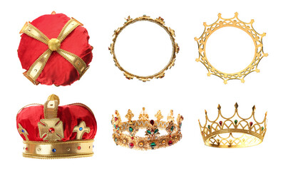 Set of crowns with gemstones on white background, side and top views