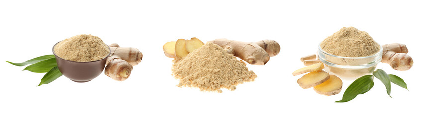 Set with ginger root and powder on white background. Banner design