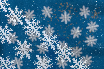 Merry Christmas and Happy New Year greeting card design with pattern of white  paper snowflakes and glitter confetti on blue background.