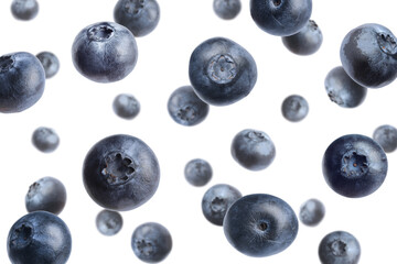Fresh whole blueberries falling on white background