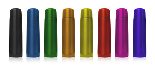 Set of modern thermoses in different colors on white background. Banner design