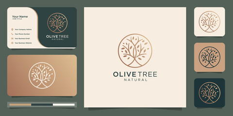 Modern gold olive tree logo. olive leaves logo design and business card.Premium Vector