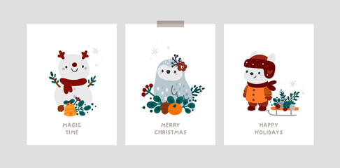 Happy new year or Merry Christmas poster, room decoration with snowman, cartoon owl and bunny. Festive xmas greeting cards. Baby Christmas Holiday milestone cards with cute bear, winter decoration