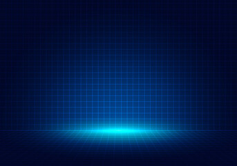 Abstract blue grid perspective design background with lighting. High technology lines landscape connect of future.