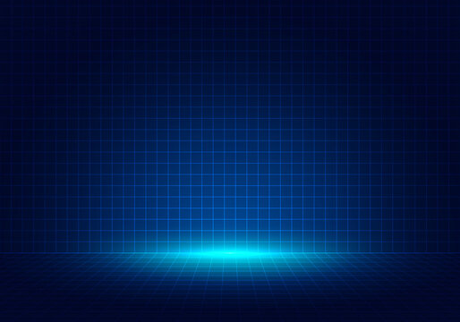Abstract blue grid perspective design background with lighting. High technology lines landscape connect of future.