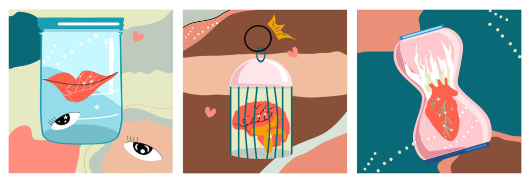 Concept Of Unrequited Love Or Mental Postcard.A Burning Heart In An Hourglass,brain In A Bird Cage,lips In Glass Jar.Anatomical Set Of Three Hand Drawn Vector Trendy Illustrations In Pastel Colors.