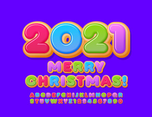 Vector sweet greeting card Merry Christmas 2021! Colorful Cake Font. Tasty Donut Aphabet Letters and Numbers