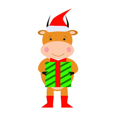 Vector single flat cute character bull in santa hat, hold gift isolated on white. Design for card, postcard, poster, print, pattern, banner, wrapping, package