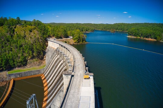 Aerial View Of An Abandoned Hydro Electric Dam River Etowah River In Georgia, USA