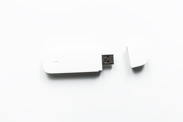 usb flash drive on white background. Flat lay top-down