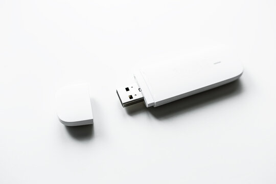 usb flash drive on white background. Flat lay top-down