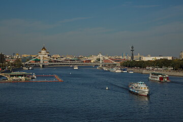 Fototapeta premium View of the Crimean Bridge and the Cathedral of Christ the Savior, Moscow.