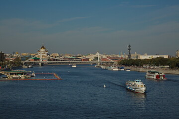 View of the Crimean Bridge and the Cathedral of Christ the Savior, Moscow.