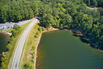 Fototapeta premium Aerial view of the old Bethany bridge on lake Allatoona on way to Red top mountain in Georgia