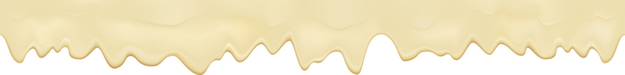 Liquid melted cheese white seamless texture. Mayonnaise texture isolated on white background. Cream pouring border. Vector realistic illustration.