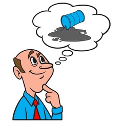 Thinking about an Oil Spill - A cartoon illustration of a man thinking about an Oil Spill.
