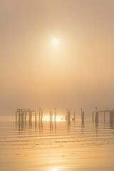 Mist and fog hide the surrounding landscape only revealing the dense sun trying to burn through the haze. Relaxing solitary morning