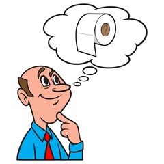 Thinking about White Gold - A cartoon illustration of a man thinking about Toilet Paper.