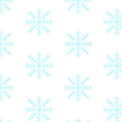 The seamless pattern with the cross-stitch blue snowflakes is on the white background.