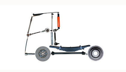 Truck assembled from new spare parts isolated on white background. Cargo shop.