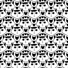 Black cats background. Seamless pattern with cats in glasses. Childish textile pattern. Wrapping paper design.