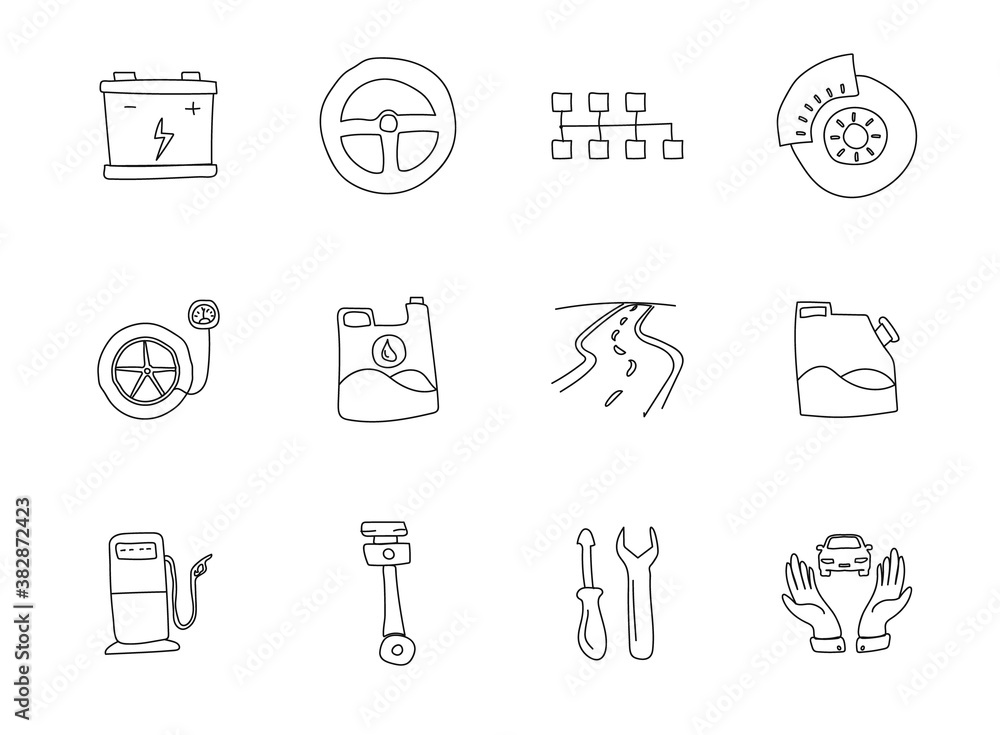 Poster car service hand drawn linear vector icons isolated on white background. car service doodle icon set
