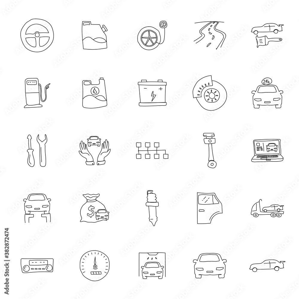 Poster car service hand drawn linear doodles isolated on white background. car service icon set for web and