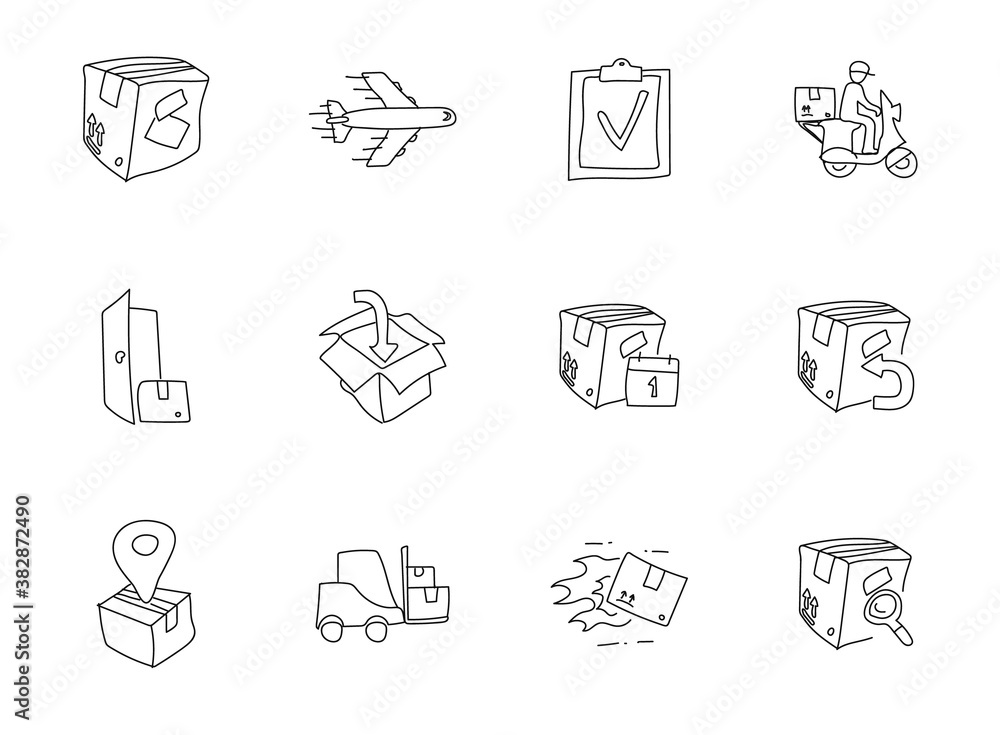 Poster delivery hand drawn linear vector icons isolated on white background. delivery doodle icon set for w