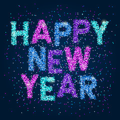 Happy New Year Banner with colored confetti text on blue background. Greeting for flyers, postcards, posters, banners and social media.