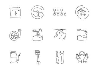 car service hand drawn linear vector icons isolated on white background. car service doodle icon set for web and ui design, mobile apps and print products