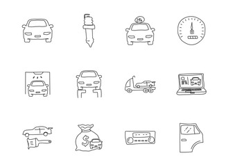 car service doodles isolated on white. car service icon set for web design, user interface, mobile apps and print
