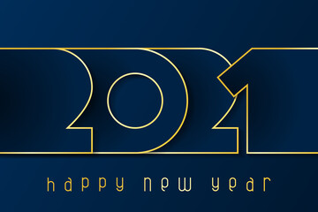 Happy New Year 2021 poster. Numbers cut out of blue paper with gold. Winter holidays greeting or invitation. Vector illustration on blue background.