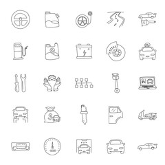 car service hand drawn linear doodles isolated on white background. car service icon set for web and ui design, mobile apps and print products