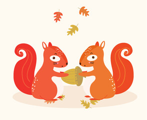 Two squirrels fighting for an acorn in autumn