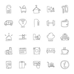 hotel hand drawn linear doodles isolated on white background. hotel icon set for web and ui design, mobile apps and print products