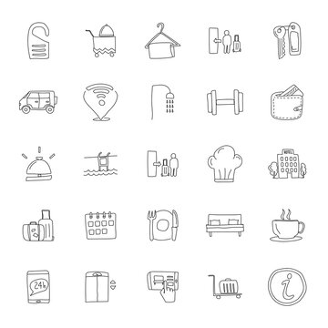 hotel hand drawn linear doodles isolated on white background. hotel icon set for web and ui design, mobile apps and print products