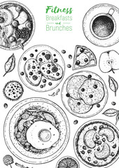 Breakfasts top view frame. Morning food menu design. Breakfast and brunches dishes collection. Vintage hand drawn sketch, vector illustration. Engraved style.