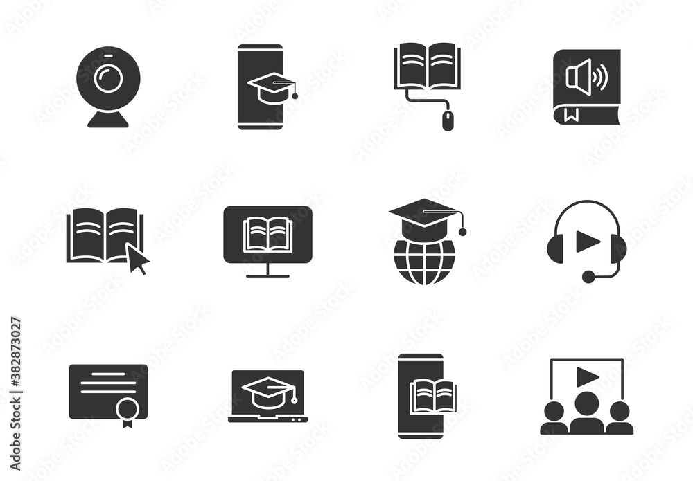 Poster e learning silhouette vector icons isolated on white. e learning icon set for web, mobile apps, ui d