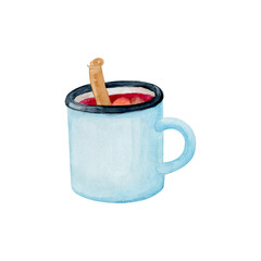 Blue travel mug with mulled wine drink and cinnamon stick watercolor clipart. Hand painted red hot drink mug isolated on white background.