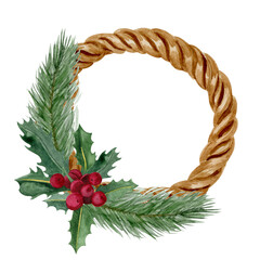 Christmas chaplet with holly watercolor illustration. Hand painted holiday wreath isolated on white background.