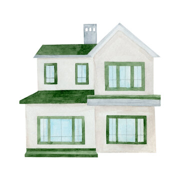 White house with green roof watercolor illustration. Hand painted home building isolated on white background.