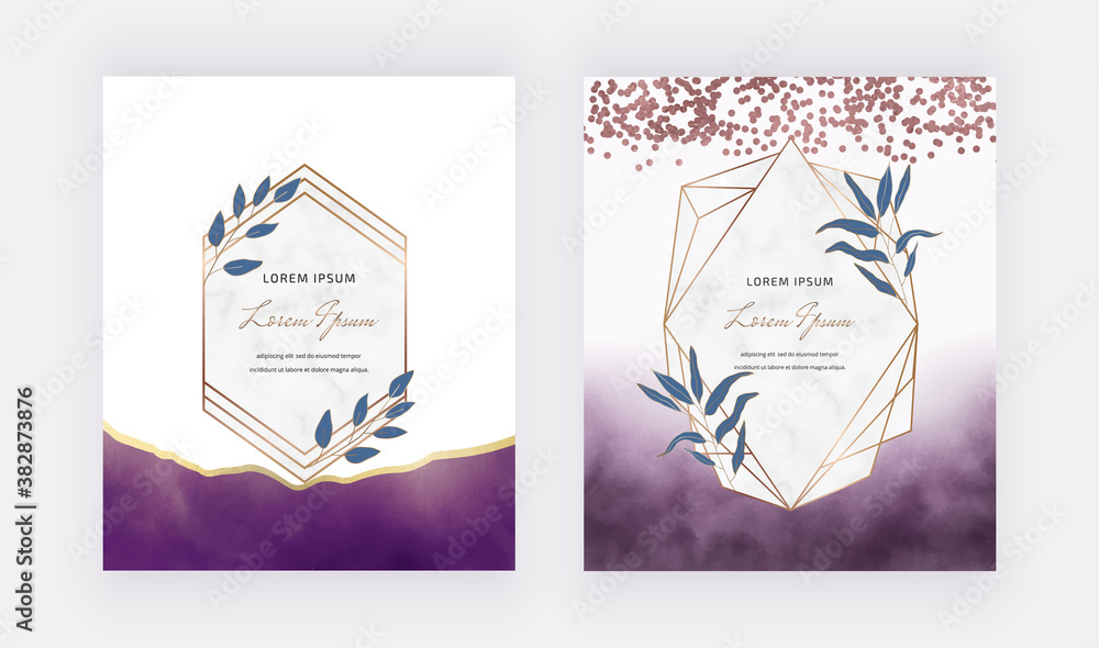 Wall mural purple brush stroke watercolor cards with geometric marble frames with leaves.