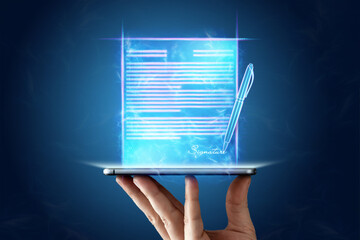 Concept for electronic signature, distance business, mobile phone and contract hologram image for...