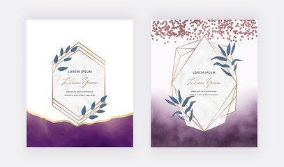 Purple brush stroke watercolor cards with geometric marble frames with leaves.
